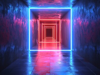 Poster - The scene: a 3D render with glowing lines and a tunnel of neon lights, embedded in a virtual reality context, surrounded by an abstract background, a square portal, an arch, and a vibrant blend of