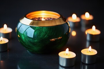 Green urn with a gold rim holding ashes set against a smooth black backdrop with small candles flickering around it