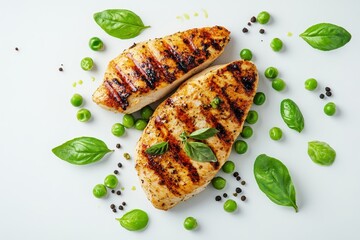 Wall Mural - Grilled chicken breast on a plain background accompanied by seasoned slices with peas and basil