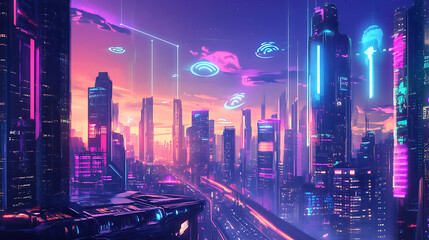 Poster - Smart cityscape with wireless network, futuristic illustration of future technologies