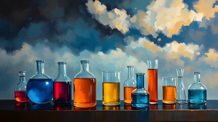 Colorful laboratory glassware display with blue and orange liquids.