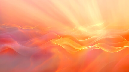 Fototapete - Sunlit mountain fog: blurred misty waves, warm colors, and bright sunlight, festive sky in orange hues with abstract evening flare on clouds