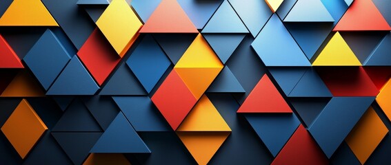 Poster - A panoramic illustration of triangles and angled shapes against a vividly patterned abstract backdrop of geometric elements