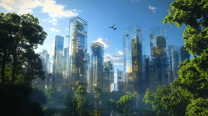 Aufkleber - The city center with tall glass houses is surrounded by trees, 3d illustration