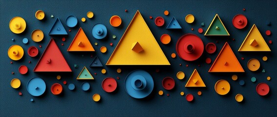 Poster - A panoramic view featuring an illustration of triangles and angled shapes set against a colorful abstract background filled with geometric elements