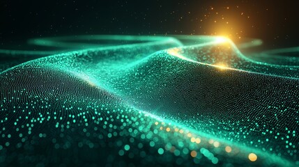 Poster - A dynamic array of glowing particles forms an abstract wave in a futuristic scene depicted against a dark background