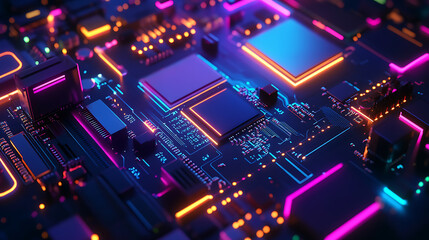 Leinwandbilder - Upgrade or repair of gaming computer hardware in the dark with neon lights, configuration or repair of desktop gaming computer hardware