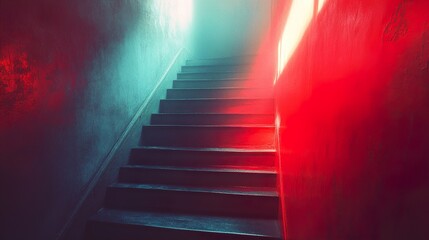 Wall Mural - Abstract Stairwell: Red and Blue Light Play on Architecture