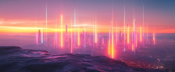 Poster - An intricate wave line design links smart city ideas with abstract dot points through a gradient line, conveying the concept of big data connection technology