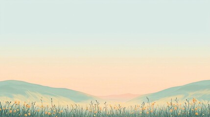 Aufkleber - A serene meadow stretches out with sage green grass dotted with golden flowers under a gentle pastel sky