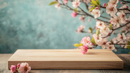Poster - Wooden boards for product display in a spring natural environment with flowers