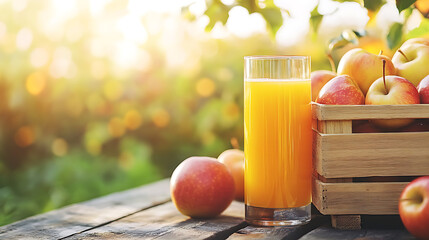 Poster - Wooden box of delicious ripe apples and glass of apple juice on apple garden background in summer, copy space, based on