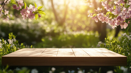 Aufkleber - Wooden boards for product display in a spring natural environment with flowers
