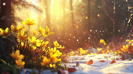 Aufkleber - Yellow winter aconite flower in beautiful forest with sunlight