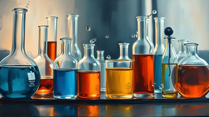 Colorful laboratory glassware display with blue and orange liquids.
