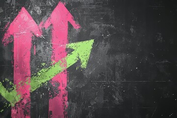 Poster - On a blackboard background, there is a hand-drawn sketch of arrows pointing up and down in green and red chalk