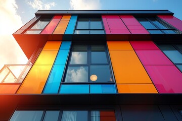 Fototapete - Geometric color elements of the building facade featuring planes, lines, and corners with highlights and reflections, set against an abstract background and a texture of gray and orange. Space