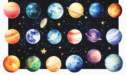 Wall Mural - watercolor solar system planets galaxy universe stars set vector illustration