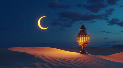 Poster - 3d render of arabic lamp on dune and realistic crescent moon, islamic religious concept