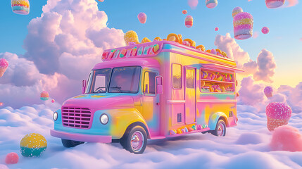 Aufkleber - 3d render, fantasy colorful food truck of candy land and clouds background