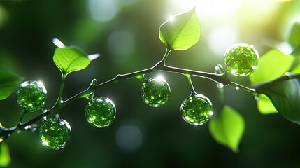 Poster - Luminous Green Leaves with Dew Drops in Sunlight