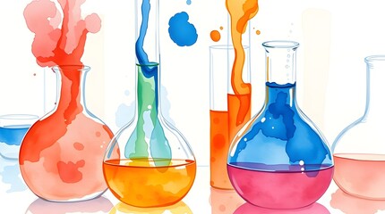 Colorful laboratory glassware display with blue and orange liquids.