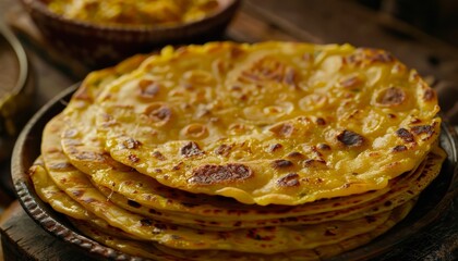 Wall Mural - A stack of golden-brown flatbreads, known as paratha, on a rustic wooden table.