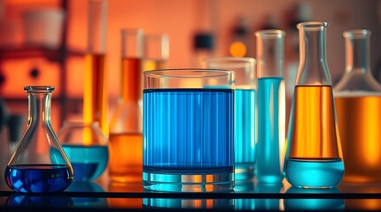 Colorful laboratory glassware display with blue and orange liquids.