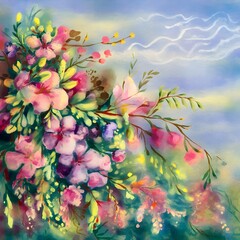 Wall Mural - colorful branch with flowers and leaves. The branch is adorned with a variety