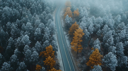Poster - Asphalt road going through the forest at winter