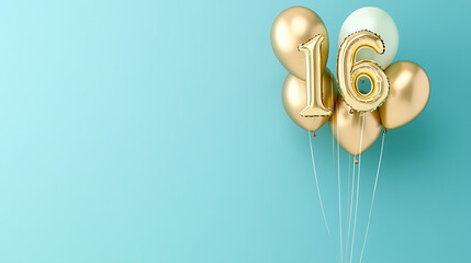 Aufkleber - Banner with number 16 golden balloon with copy space, sixteen years anniversary celebration concept on a blue background