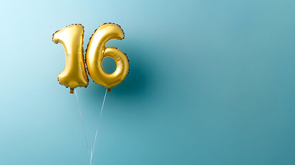 Poster - Banner with number 16 golden balloon with copy space, sixteen years anniversary celebration concept on a blue background