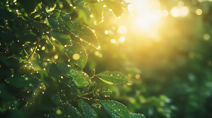 Wall Mural - Beautiful large drop morning dew in nature, selective focus, drops of clean transparent water on leaves, sun glare in drop, image in green tones, spring summer natural background