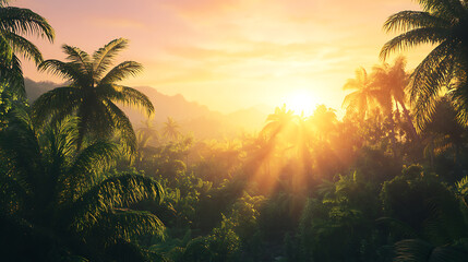 Aufkleber - Beautiful sunrise in jungles with sunlight shining above the forest