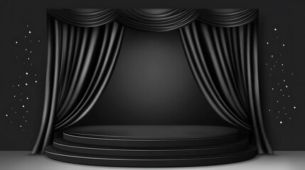 Wall Mural - Black podium with curtain in a stage for product presentation, illustration