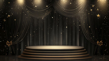 Aufkleber - Black podium with curtain in a stage for product presentation, illustration