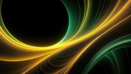 intertwined golden and green light trails on a black background, forming an abstract flowing wave pattern with dynamic energy and depth

