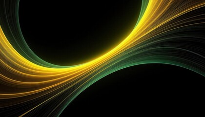 Poster - intertwined golden and green light trails on a black background, forming an abstract flowing wave pattern with dynamic energy and depth

