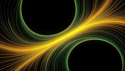 Poster - intertwined golden and green light trails on a black background, forming an abstract flowing wave pattern with dynamic energy and depth

