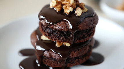 Poster - Chocolate spongy brownie cakes with walnuts and melted chocolate topping on a stack