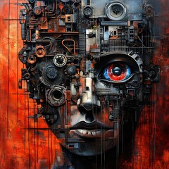 Canvas Print - mechanical face: a steampunk cyborg portrait