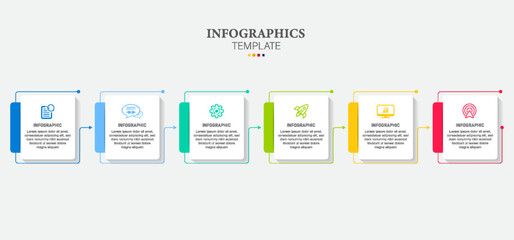 Concept of arrow business model with 6 successive steps. colorful rectangular elements. Timeline design for brochure, presentation. Infographic design layout