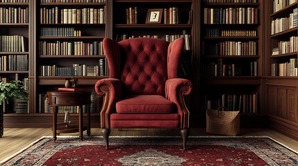 Poster - Classic wingback chair in a traditional library with deep, rich reds and mahogany