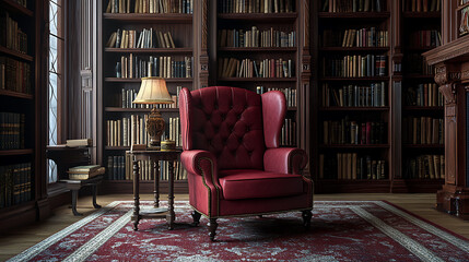 Poster - Classic wingback chair in a traditional library with deep, rich reds and mahogany