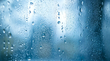 Wall Mural - Close-up blue water drops, detail of blue surface water-repellent on glass for background, raindrop waterdrops with selective focus