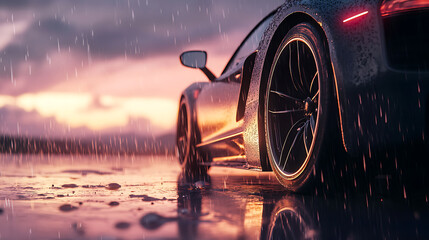 Aufkleber - Close up of a generic and unbranded modern luxury car under rain, illustration
