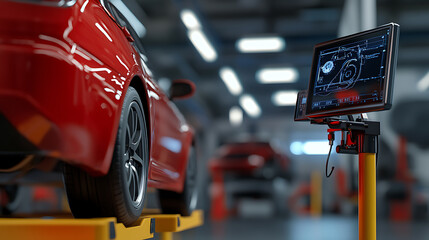Poster - Close up on monitor of a car service scanning in a modern garage, illustration