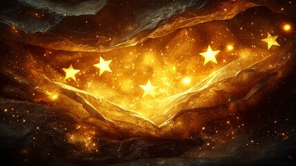 Wall Mural - golden stars shine brightly within a dark, textured cavern.