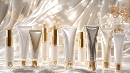 Poster - Cosmetic tube product mock up, multiple product background display, 3d rendering