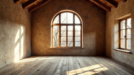Poster - Sunlight streams through an arched window in a rustic room with wooden floors and plaster walls
